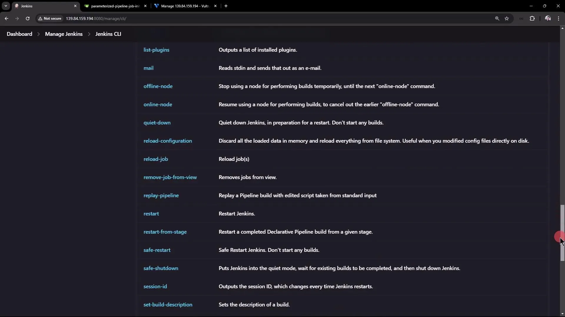 The image shows a Jenkins CLI management interface with a list of commands and their descriptions, such as "list-plugins" and "offline-node."