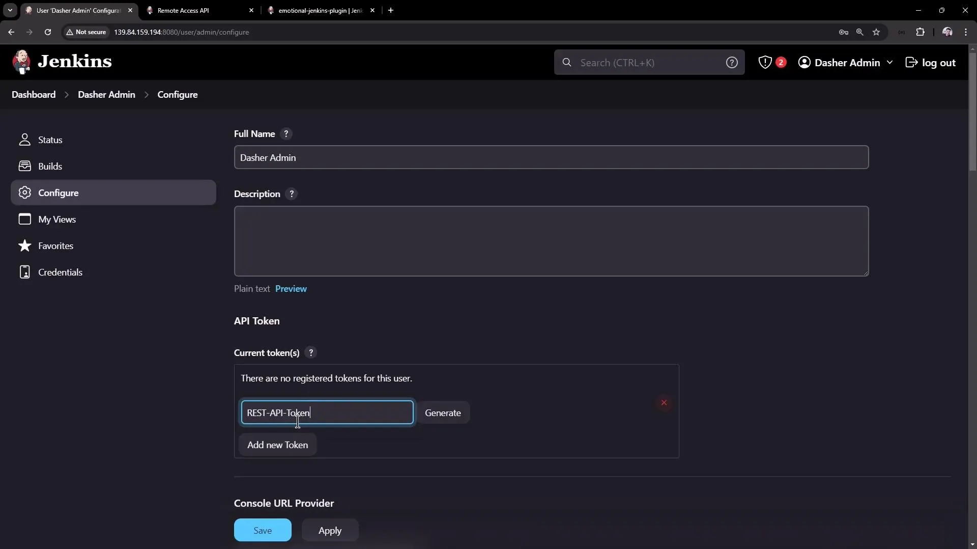 Jenkins user configuration for Dasher Admin: API token generation and management.