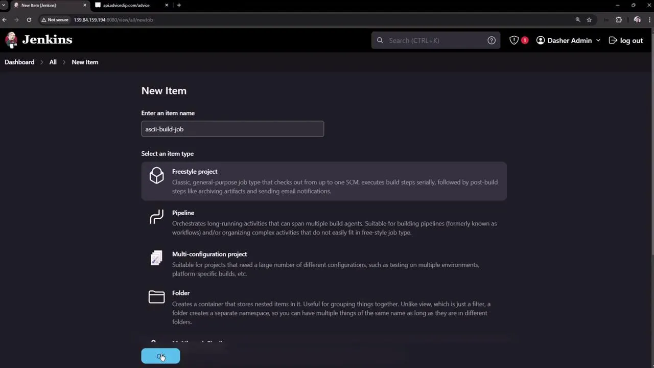 The image shows a Jenkins interface for creating a new item, with options to select different project types such as Freestyle project, Pipeline, Multi-configuration project, and Folder. The item name "ascii-build-job" is entered in the input field.