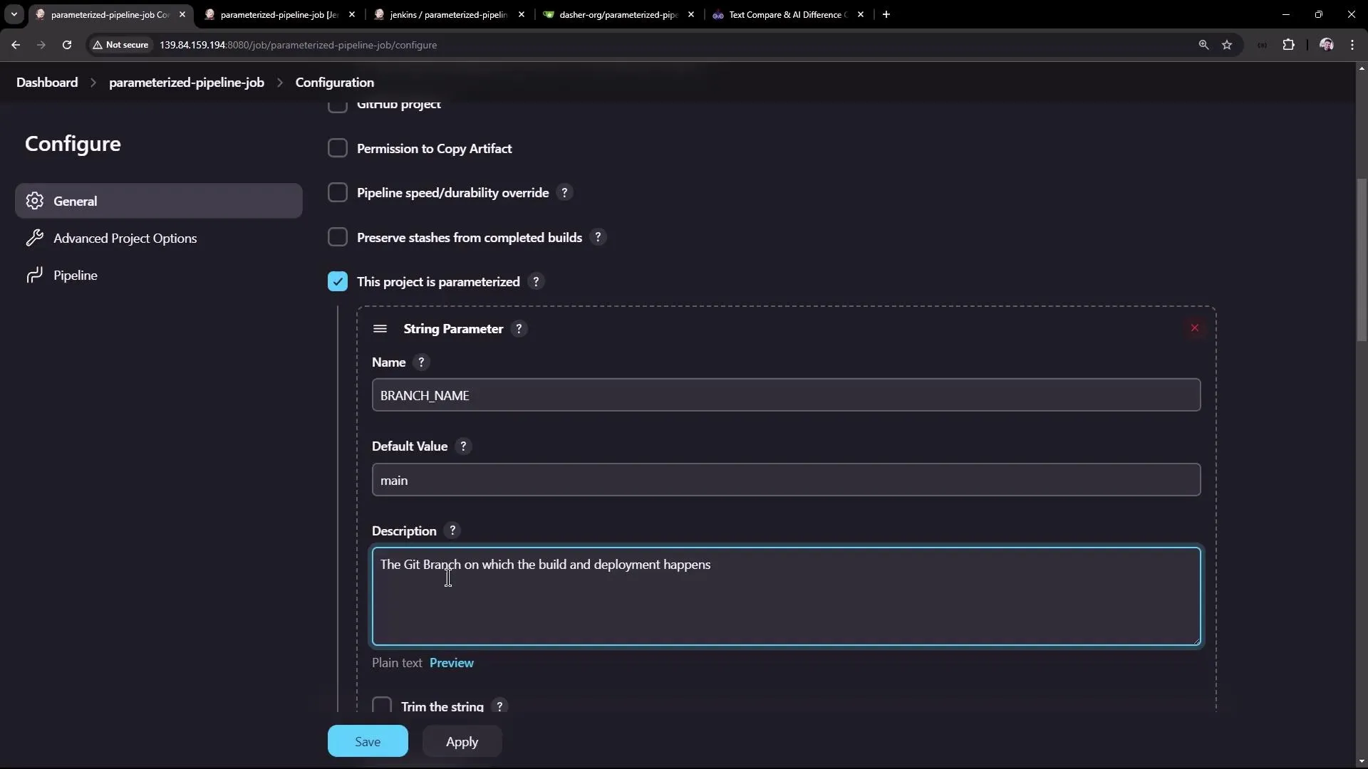 The image shows a Jenkins configuration screen for a parameterized pipeline job, with a string parameter named "BRANCH_NAME" set to a default value of "main."