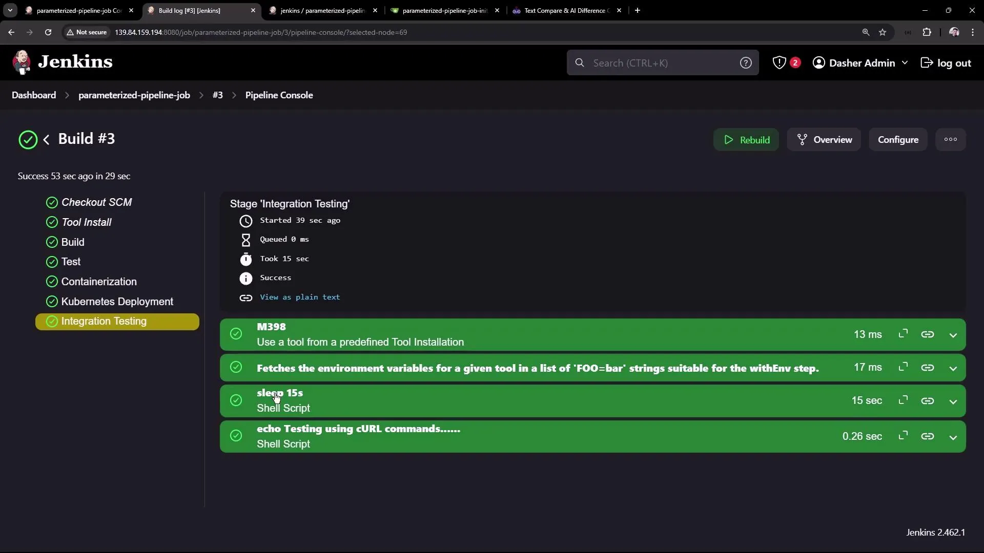 The image shows a Jenkins pipeline console for a build labeled "Build #3," which has successfully completed several stages, including "Integration Testing." Each step within the stage is marked as successful, with details on execution time.