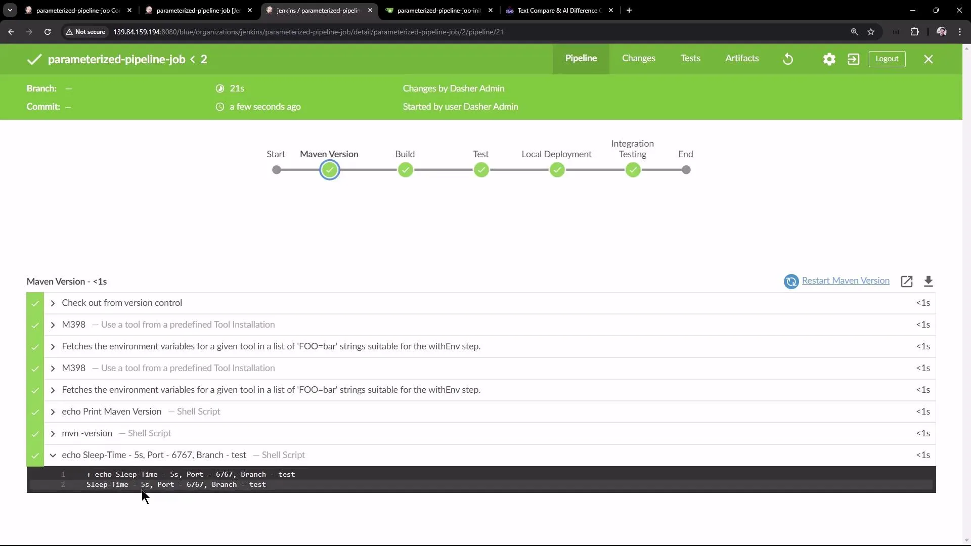 The image shows a Jenkins pipeline interface with a job named "parameterized-pipeline-job" that has successfully completed several stages, including Maven Version, Build, Test, Local Deployment, and Integration Testing. The details of the Maven Version stage are expanded, showing various steps and their execution times.