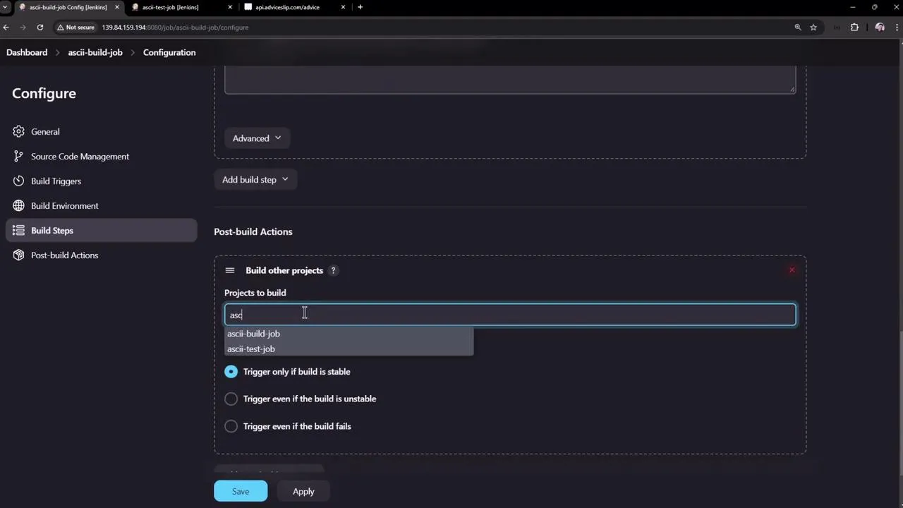 The image shows a Jenkins configuration screen for setting up post-build actions, specifically selecting projects to build and setting trigger conditions.