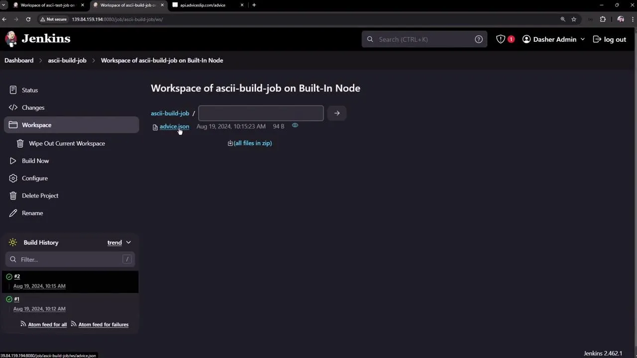 The image shows a Jenkins workspace interface for a job named "ascii-build-job" on a built-in node, displaying a file named "advice.json" with its details.
