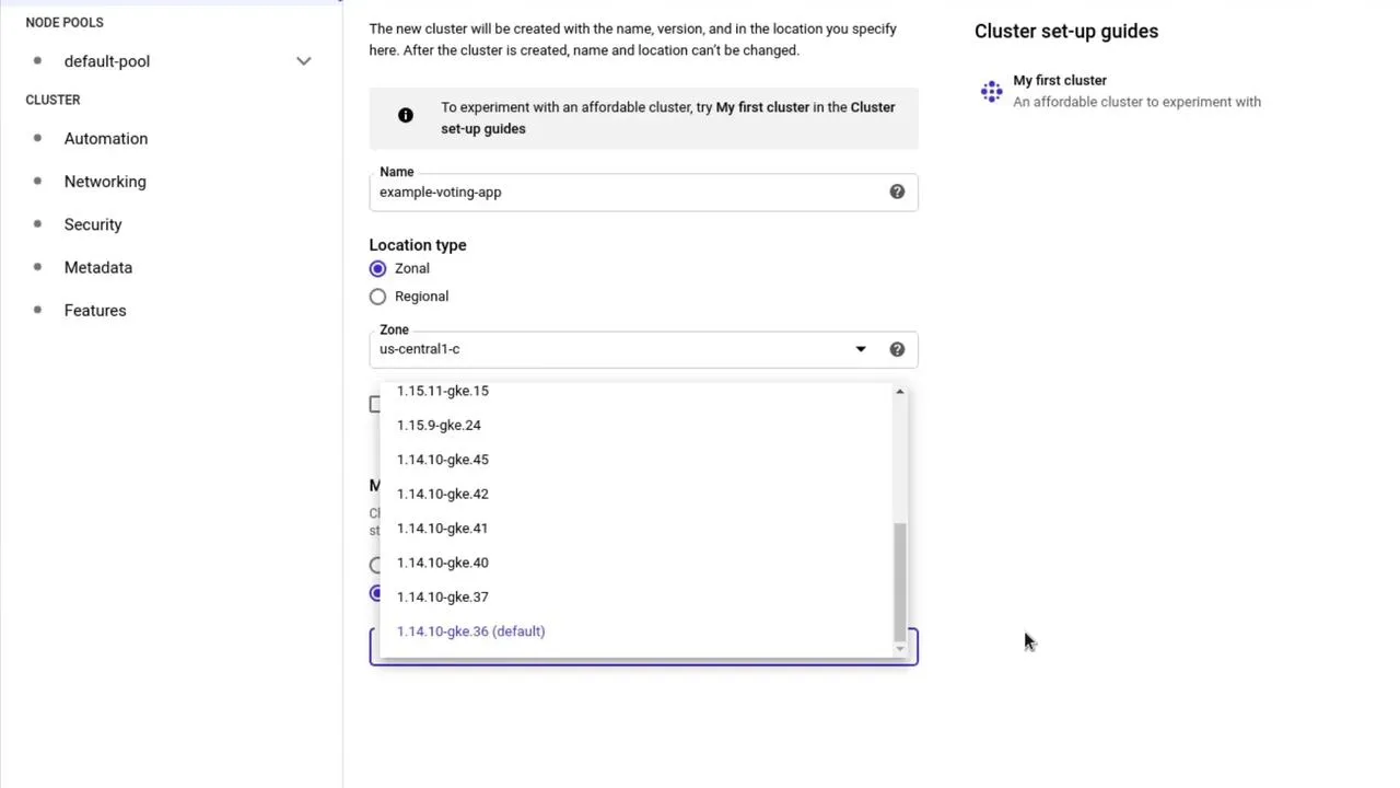 Additional cluster defaults in the wizard